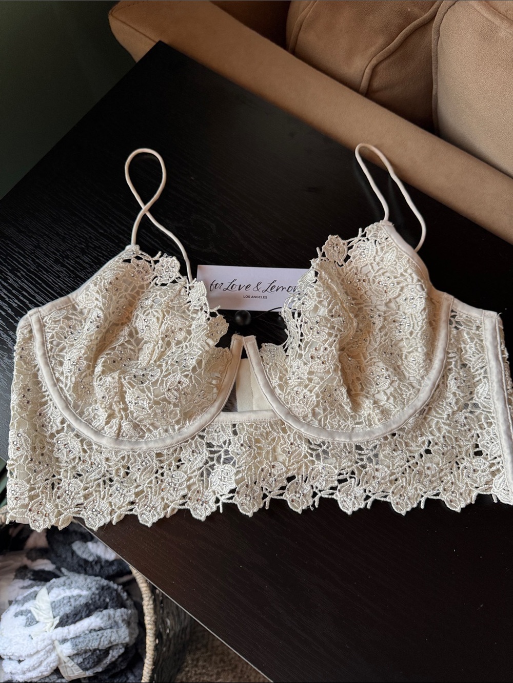 For Love & Lemons Cream with crystals Lace Longline Bralette